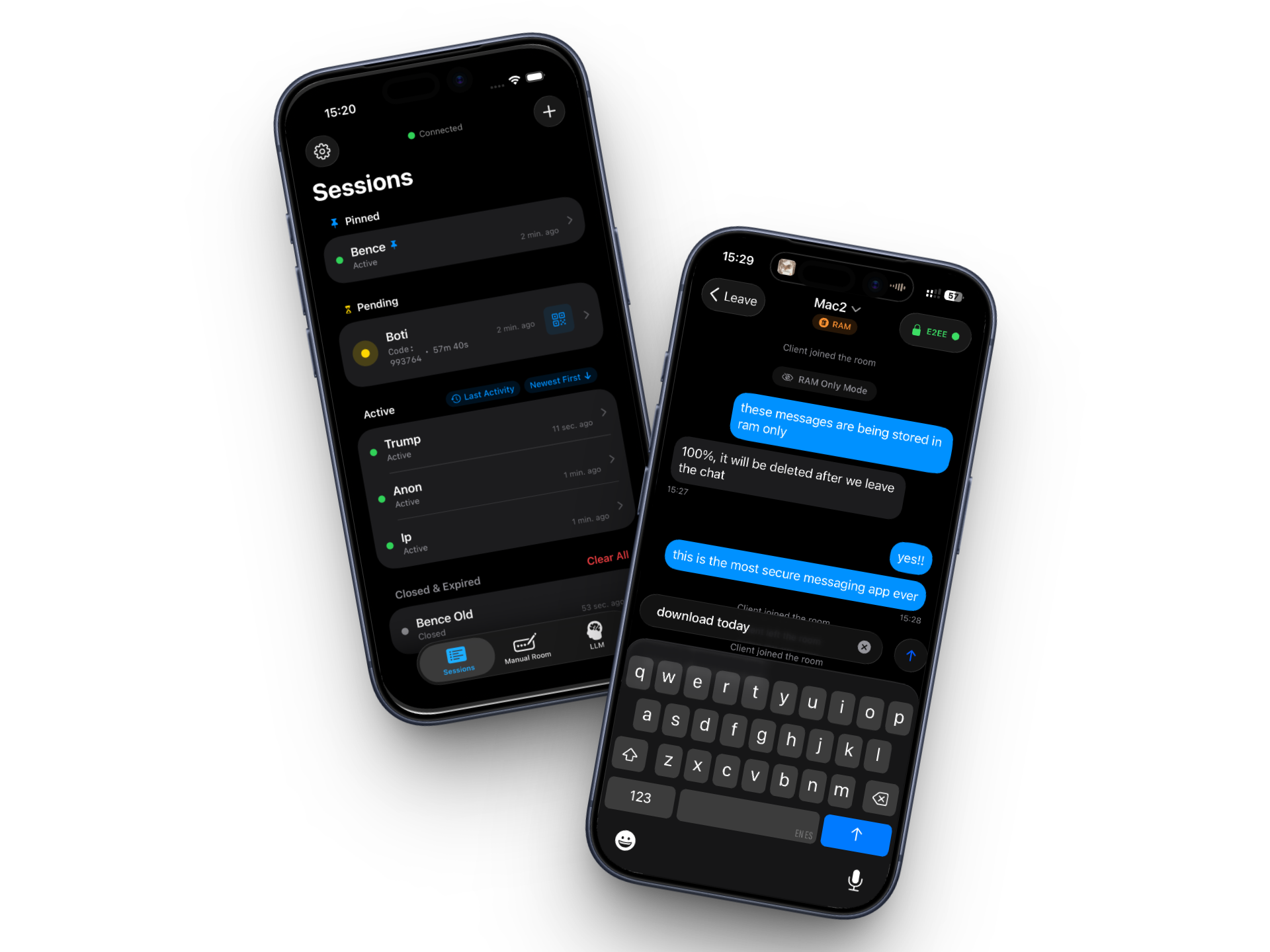 Inviso Chat session list and encrypted message screen